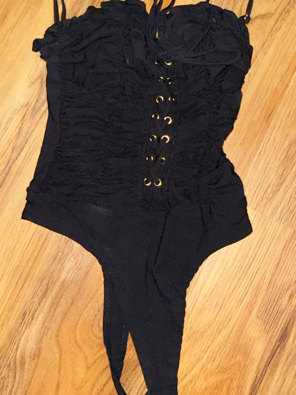 Black Lace-Up Ruched Women's Bodysuit